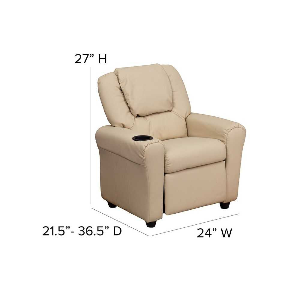 Contemporary Beige Vinyl Kids Recliner with Cup Holder and Headrest