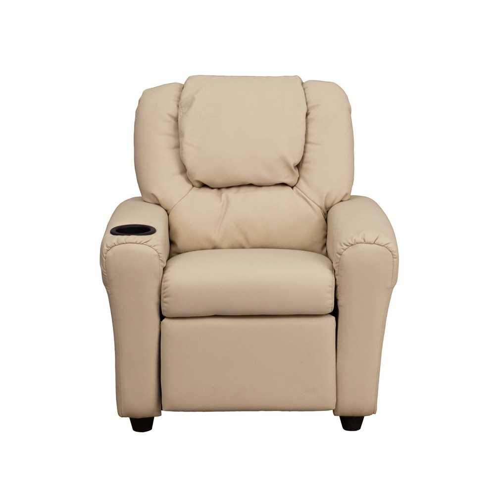 Contemporary Beige Vinyl Kids Recliner with Cup Holder and Headrest