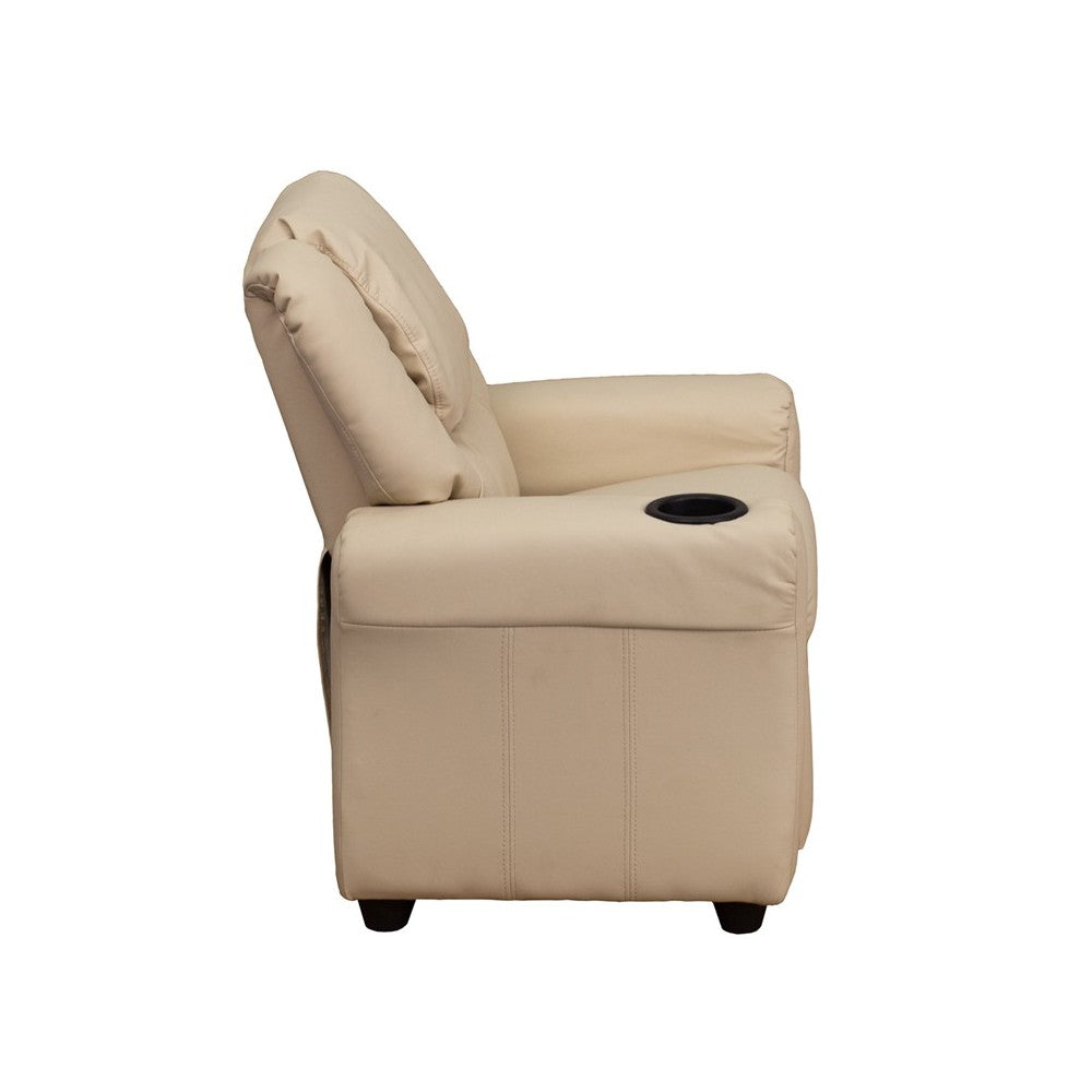Contemporary Beige Vinyl Kids Recliner with Cup Holder and Headrest