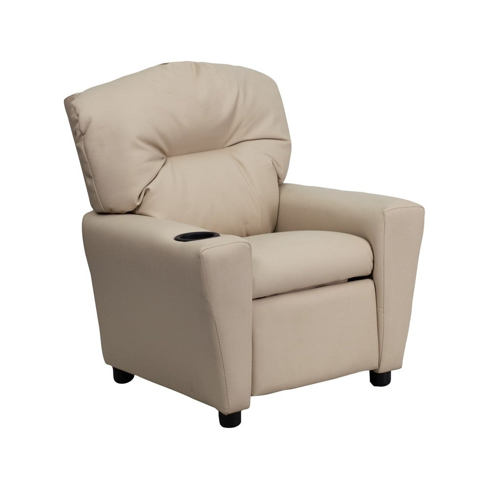Contemporary Beige Vinyl Kids Recliner with Cup Holder