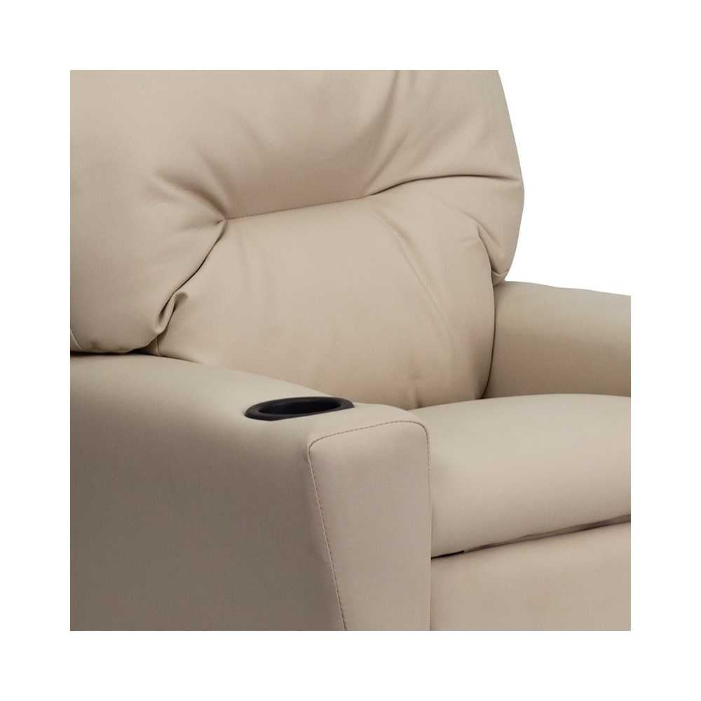 Contemporary Beige Vinyl Kids Recliner with Cup Holder