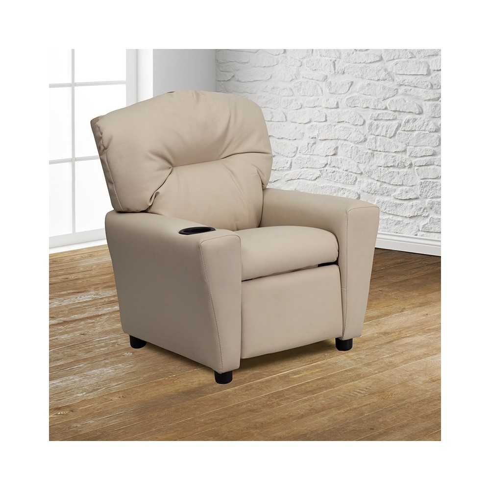 Contemporary Beige Vinyl Kids Recliner with Cup Holder