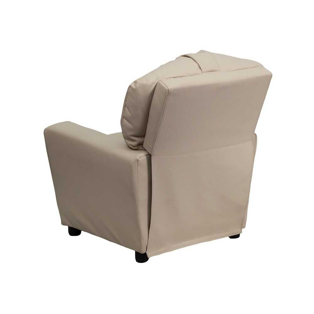 Contemporary Beige Vinyl Kids Recliner with Cup Holder