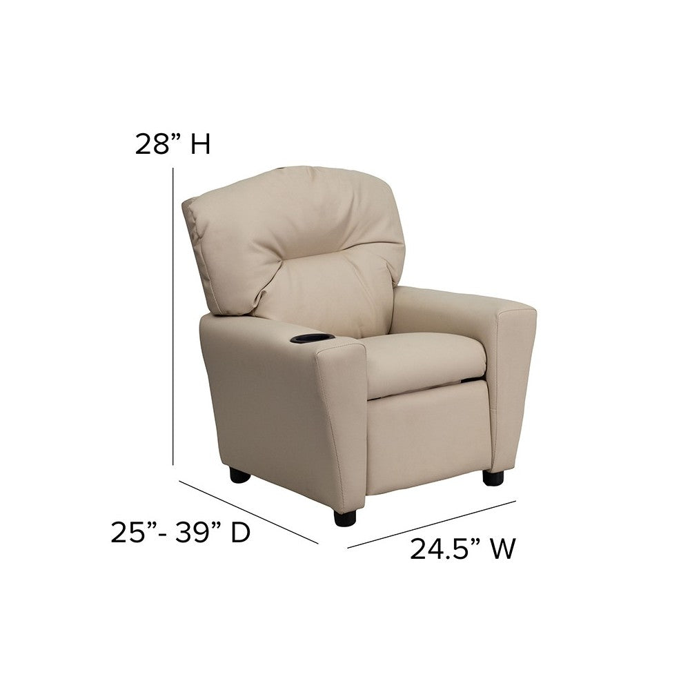 Contemporary Beige Vinyl Kids Recliner with Cup Holder