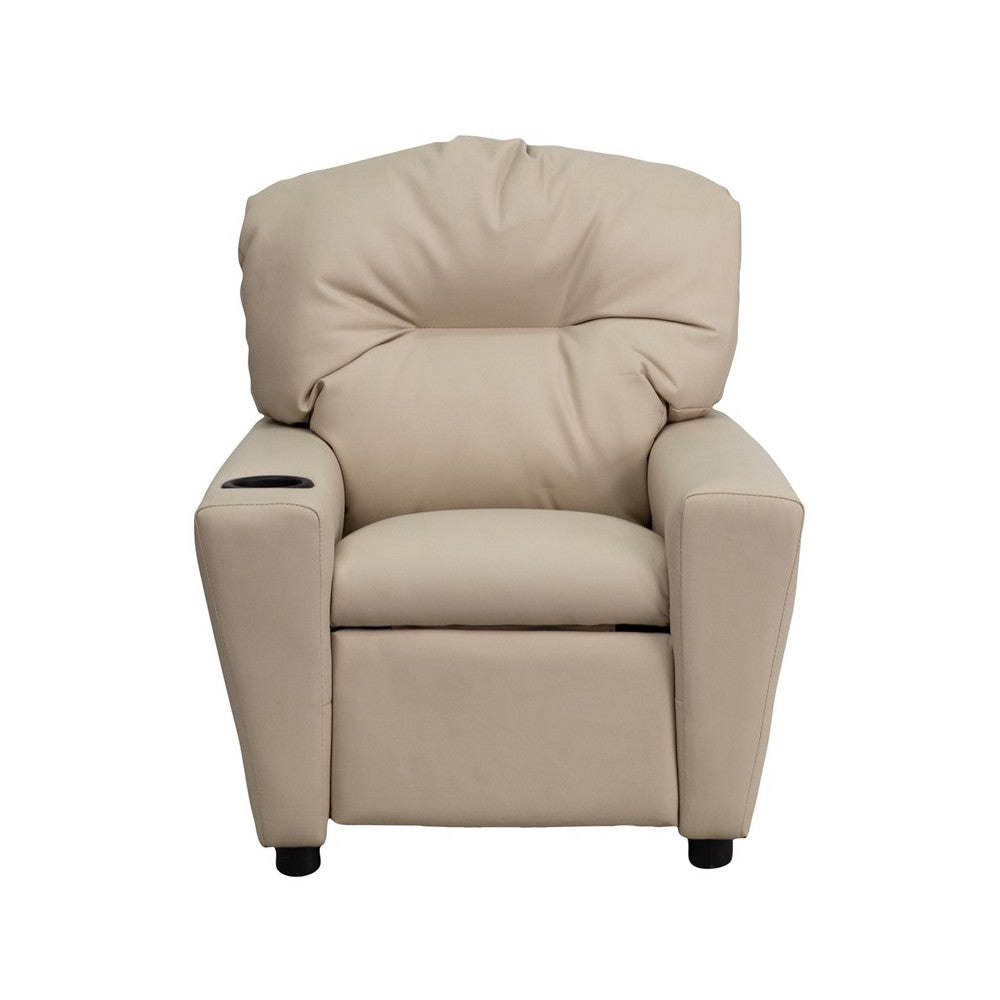 Contemporary Beige Vinyl Kids Recliner with Cup Holder
