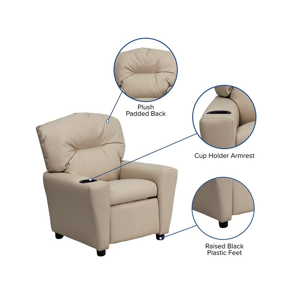 Contemporary Beige Vinyl Kids Recliner with Cup Holder