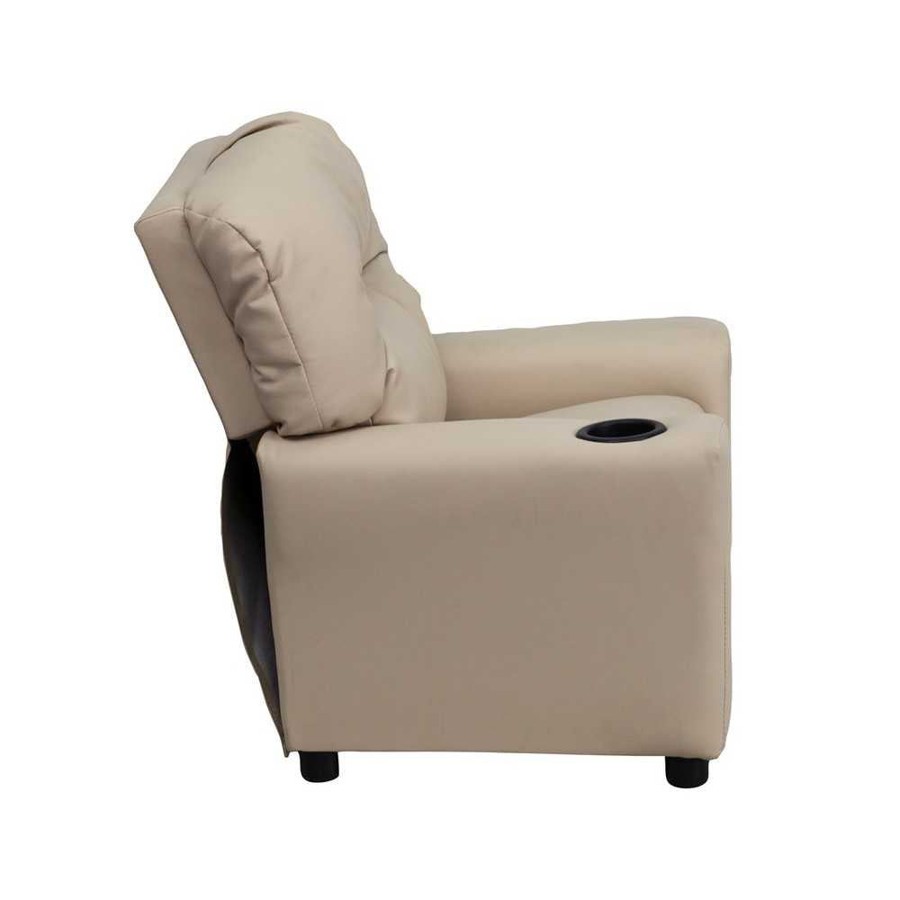 Contemporary Beige Vinyl Kids Recliner with Cup Holder