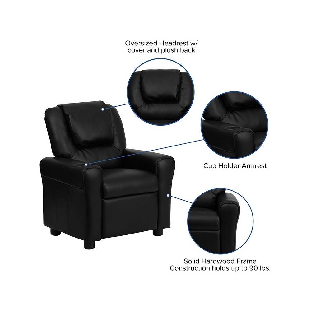 Contemporary Black LeatherSoft Kids Recliner with Cup Holder and Headrest