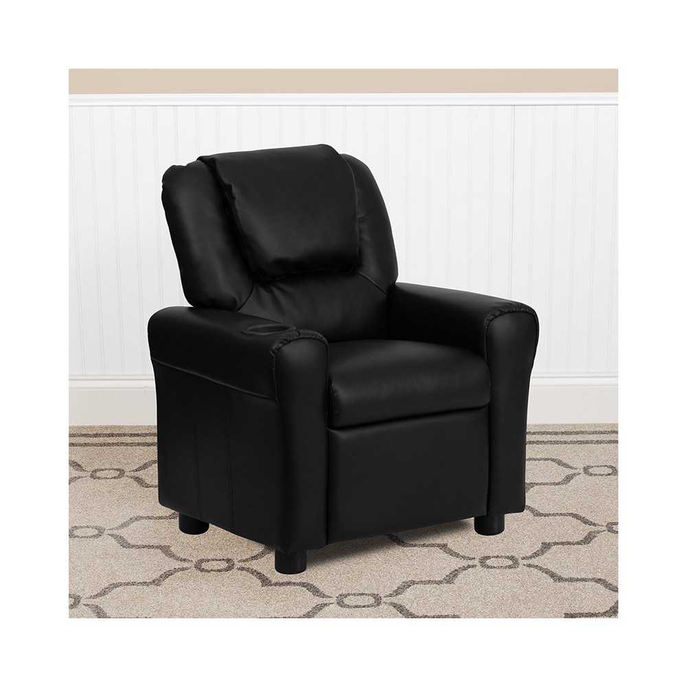 Contemporary Black LeatherSoft Kids Recliner with Cup Holder and Headrest