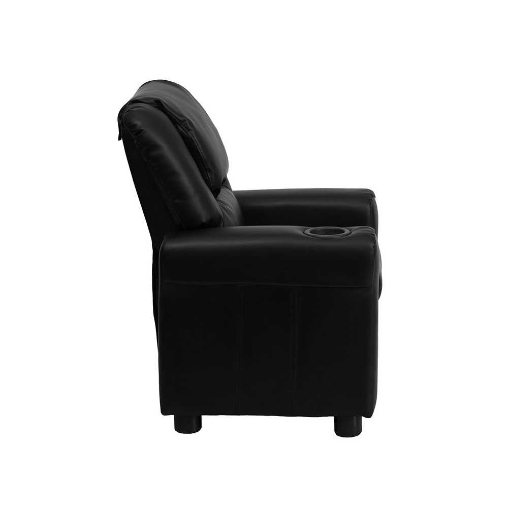 Contemporary Black LeatherSoft Kids Recliner with Cup Holder and Headrest