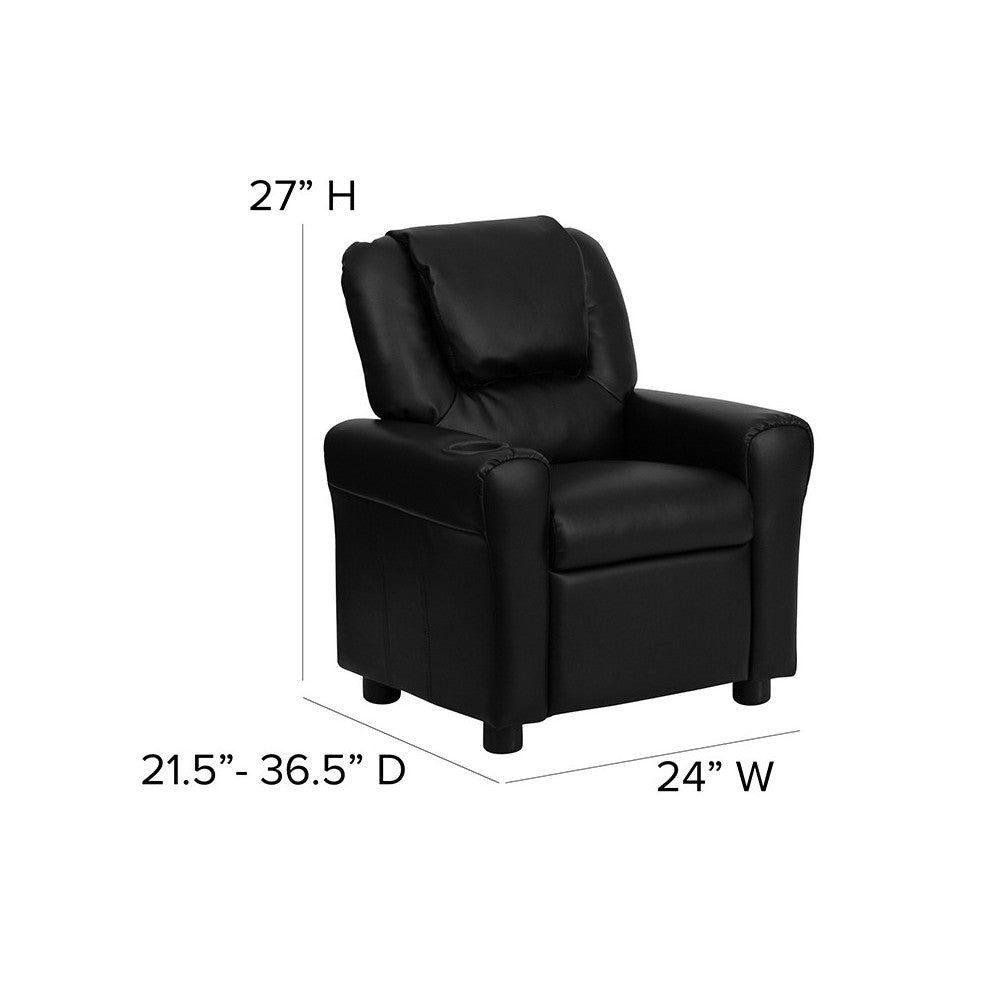 Contemporary Black LeatherSoft Kids Recliner with Cup Holder and Headrest