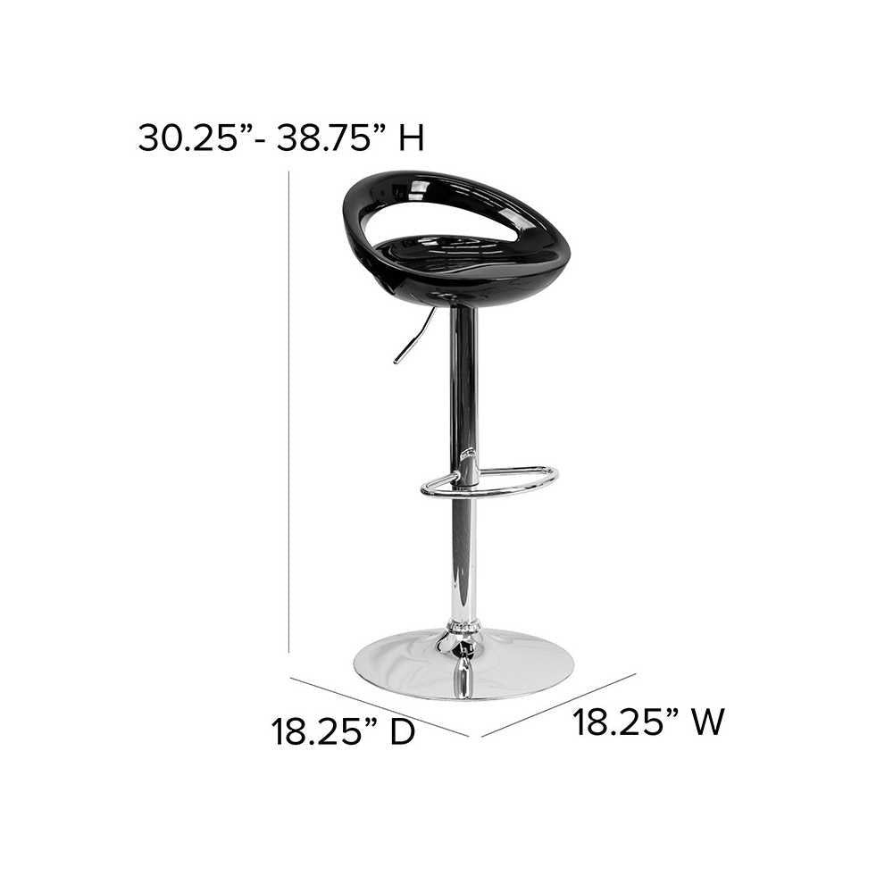 Contemporary Black Plastic Adjustable Height Barstool with Rounded Cutout Back and Chrome Base