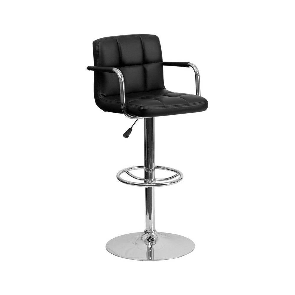 Contemporary Black Quilted Vinyl Adjustable Height Barstool with Arms and Chrome Base