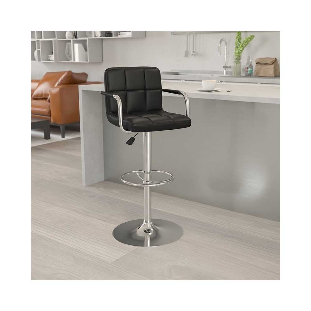 Contemporary Black Quilted Vinyl Adjustable Height Barstool with Arms and Chrome Base