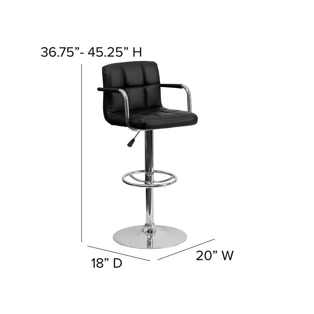 Contemporary Black Quilted Vinyl Adjustable Height Barstool with Arms and Chrome Base