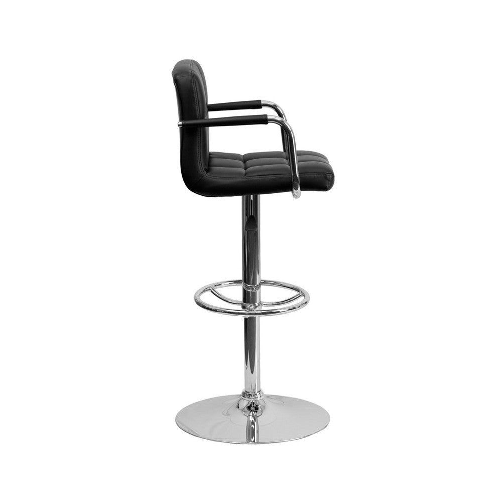 Contemporary Black Quilted Vinyl Adjustable Height Barstool with Arms and Chrome Base