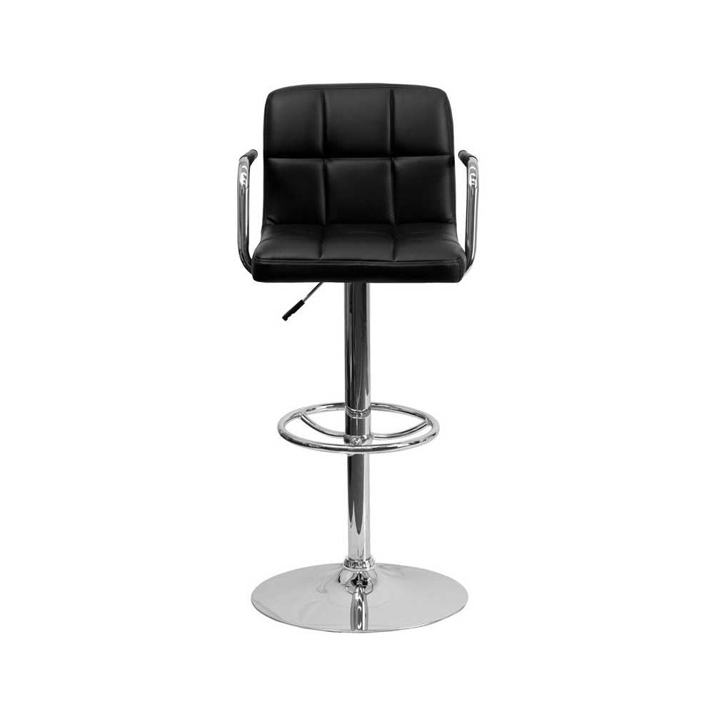 Contemporary Black Quilted Vinyl Adjustable Height Barstool with Arms and Chrome Base