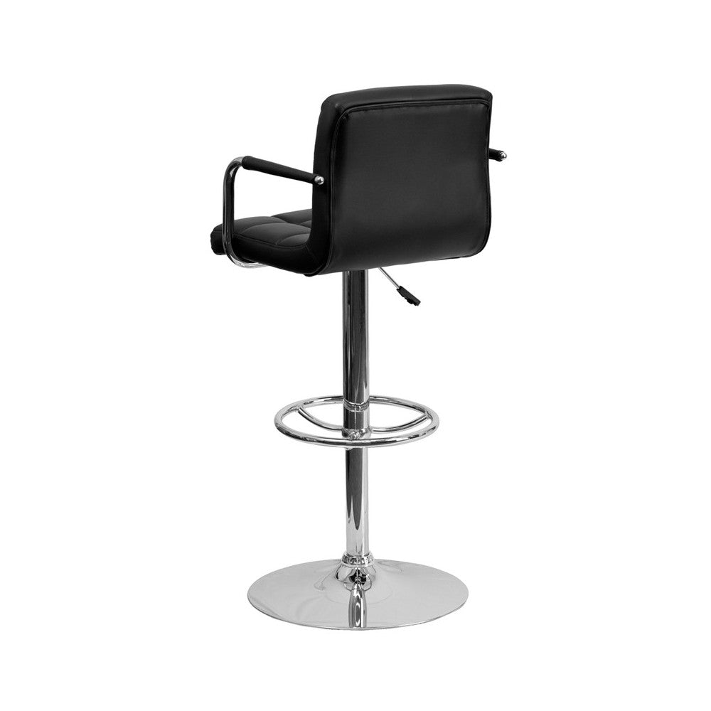 Contemporary Black Quilted Vinyl Adjustable Height Barstool with Arms and Chrome Base