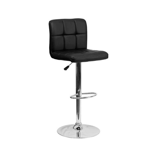 Contemporary Black Quilted Vinyl Adjustable Height Barstool with Chrome Base