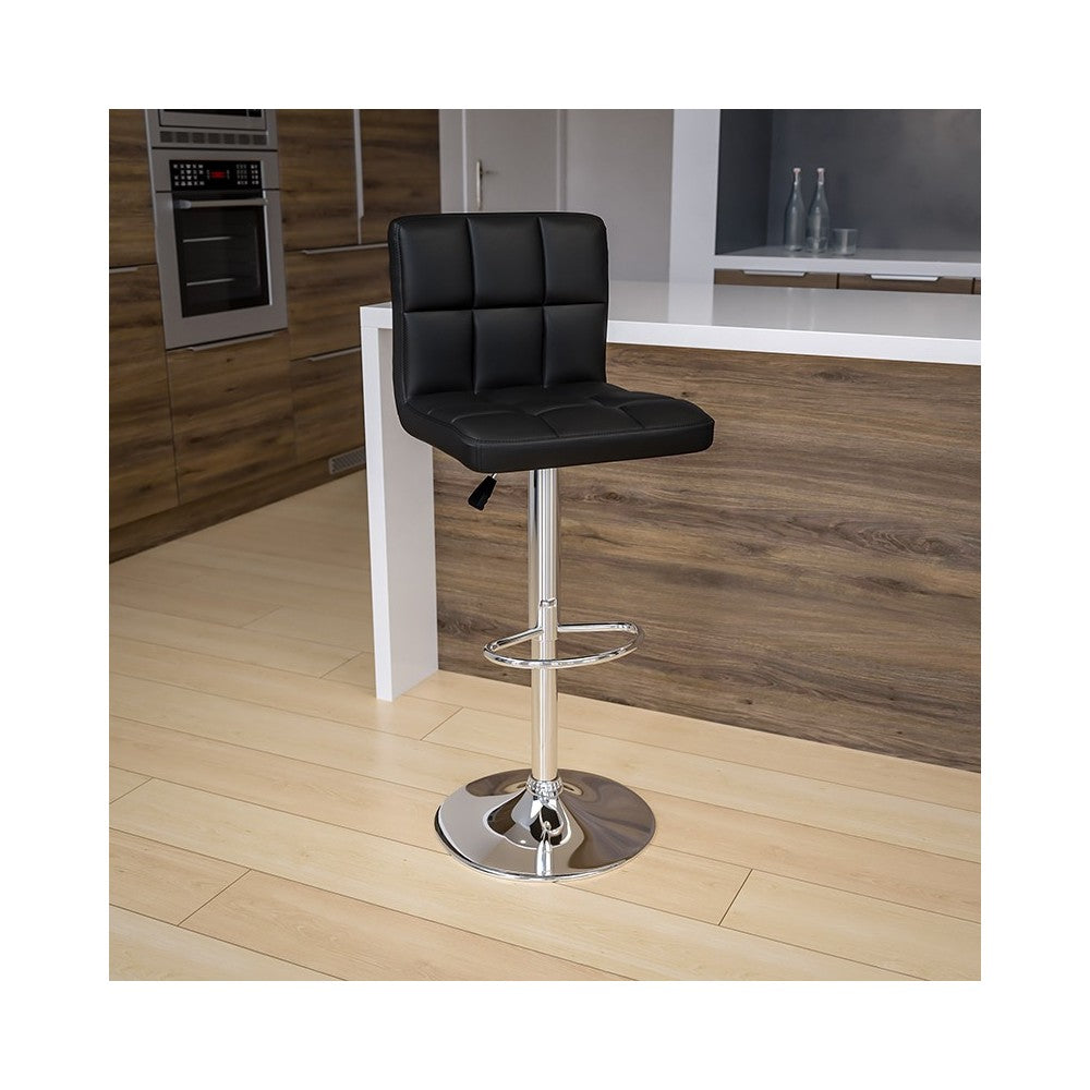 Contemporary Black Quilted Vinyl Adjustable Height Barstool with Chrome Base