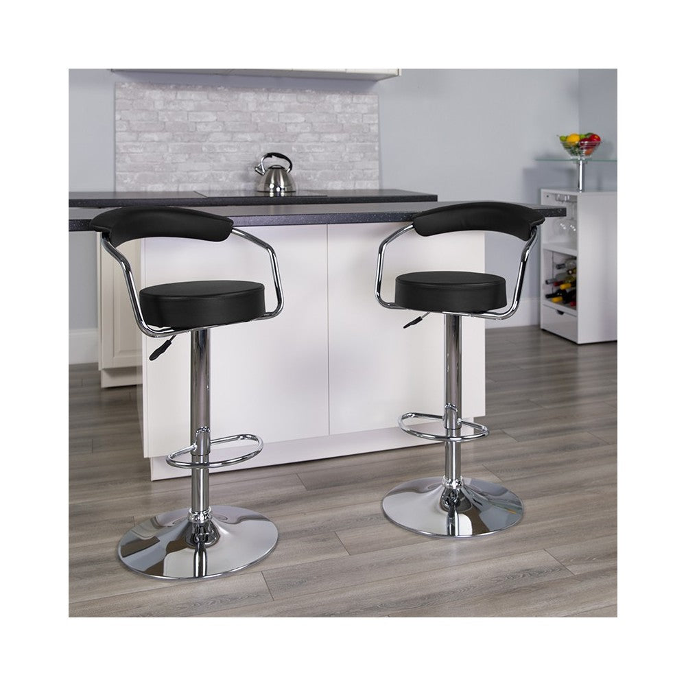 Contemporary Black Vinyl Adjustable Height Barstool with Arms and Chrome Base