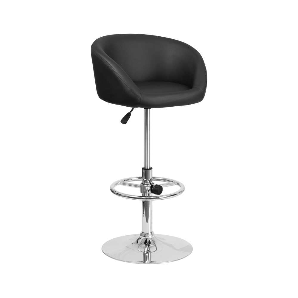 Contemporary Black Vinyl Adjustable Height Barstool with Barrel Back and Chrome Base