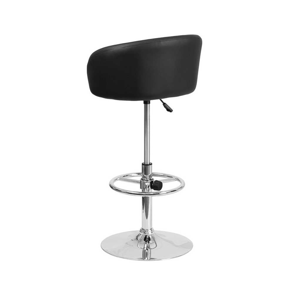 Contemporary Black Vinyl Adjustable Height Barstool with Barrel Back and Chrome Base