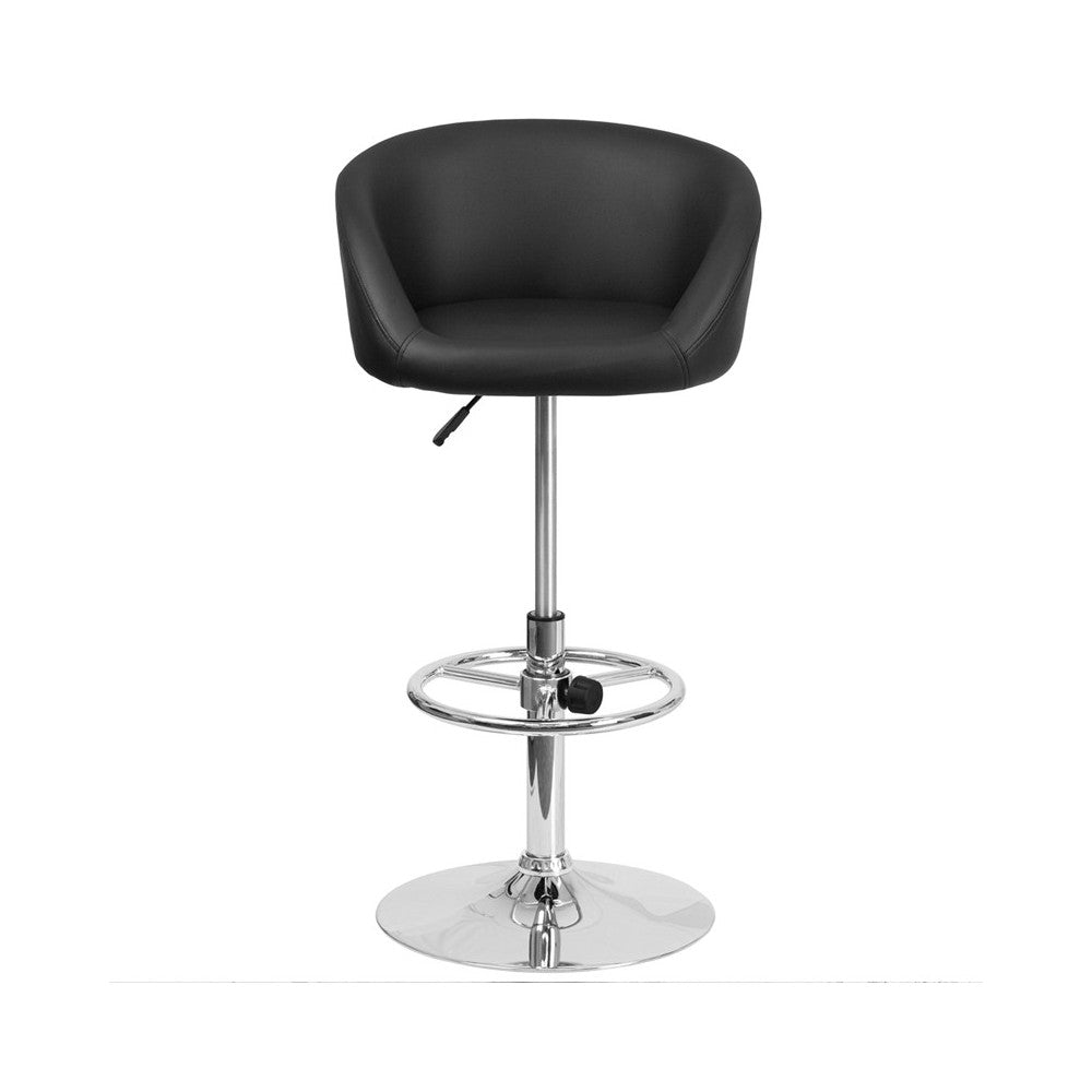 Contemporary Black Vinyl Adjustable Height Barstool with Barrel Back and Chrome Base