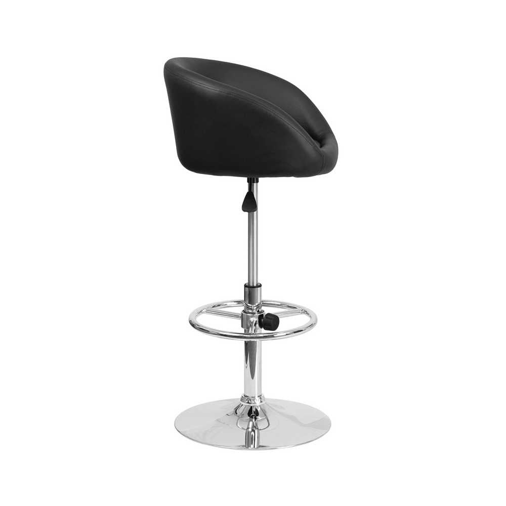 Contemporary Black Vinyl Adjustable Height Barstool with Barrel Back and Chrome Base