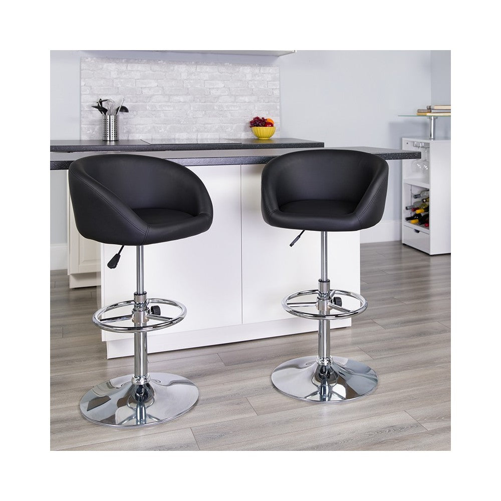 Contemporary Black Vinyl Adjustable Height Barstool with Barrel Back and Chrome Base