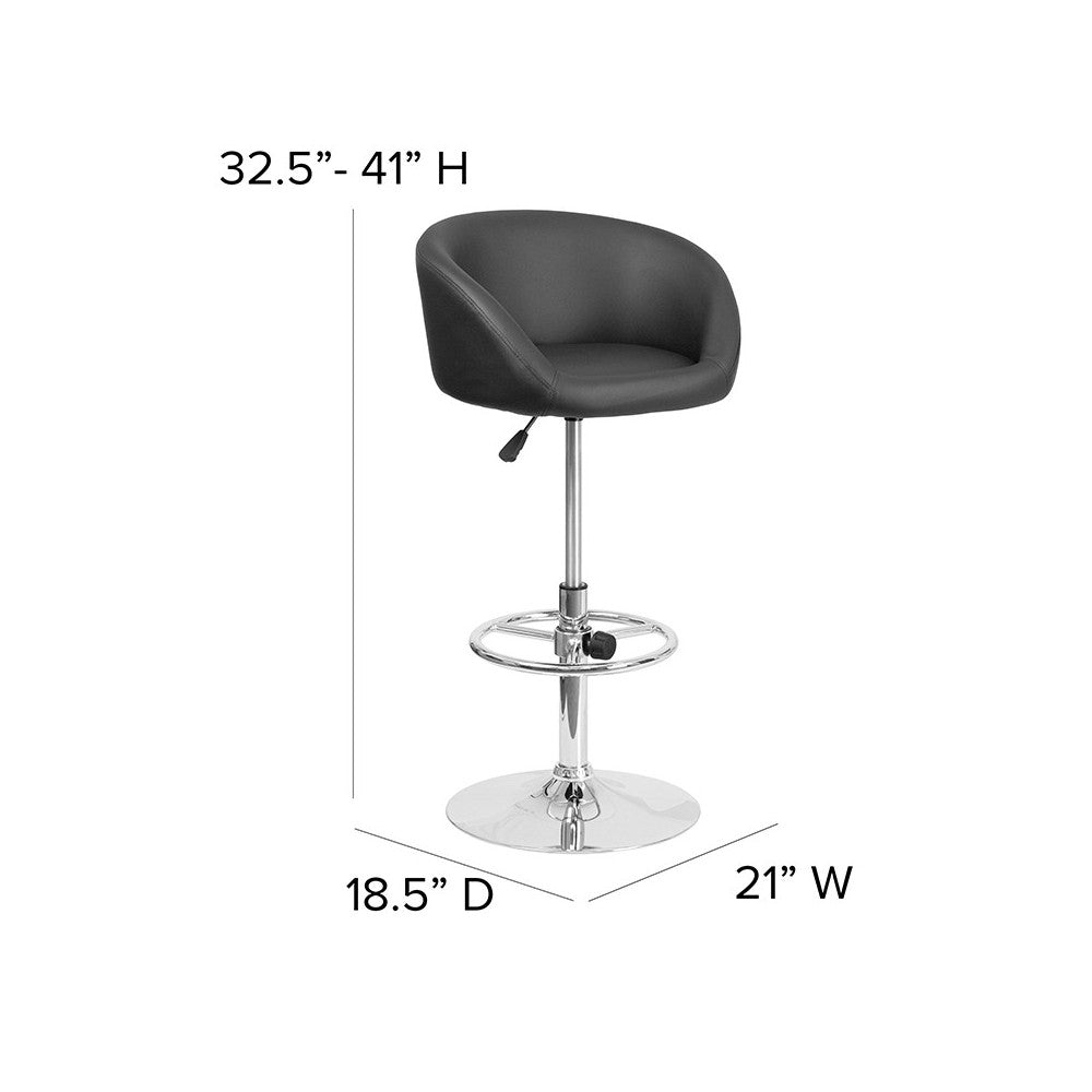 Contemporary Black Vinyl Adjustable Height Barstool with Barrel Back and Chrome Base