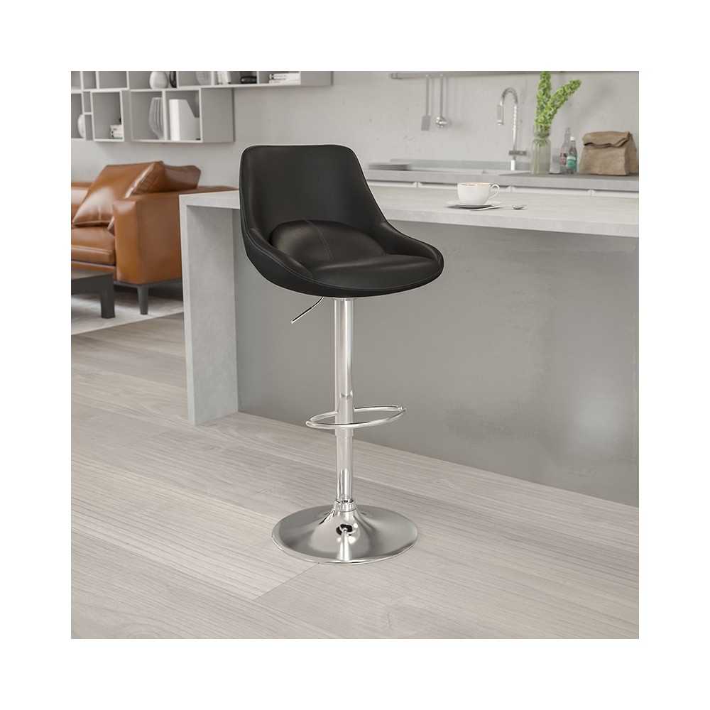 Contemporary Black Vinyl Adjustable Height Barstool with Chrome Base