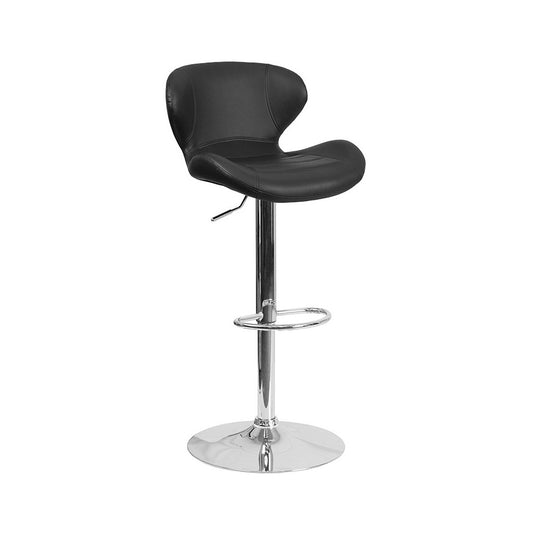 Contemporary Black Vinyl Adjustable Height Barstool with Curved Back and Chrome Base