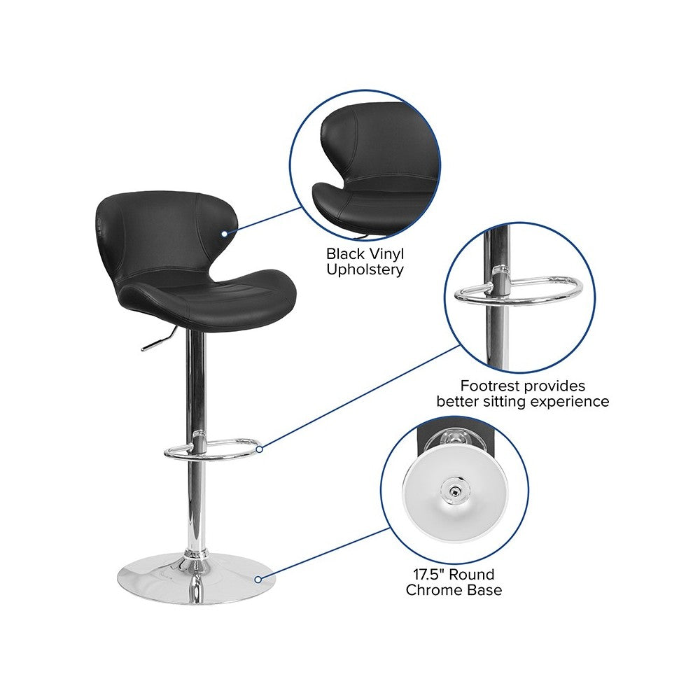 Contemporary Black Vinyl Adjustable Height Barstool with Curved Back and Chrome Base