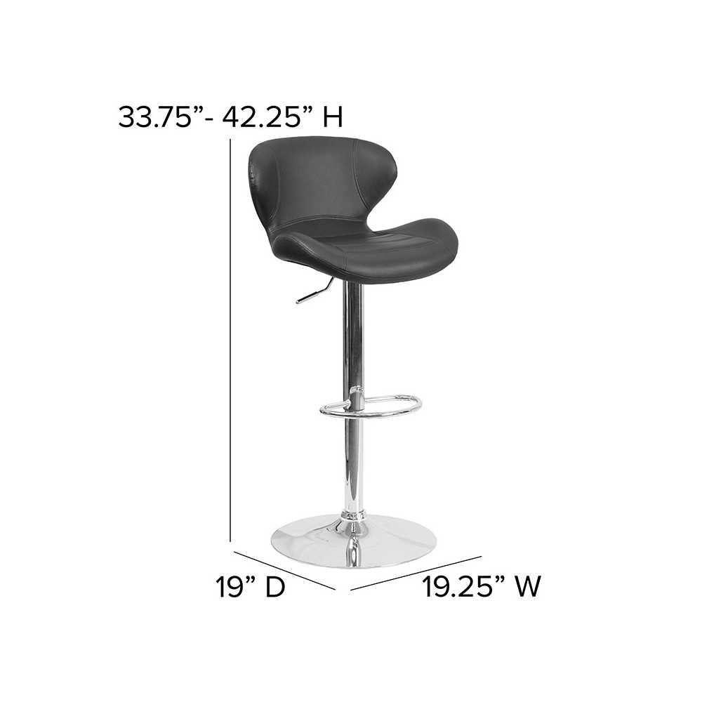 Contemporary Black Vinyl Adjustable Height Barstool with Curved Back and Chrome Base