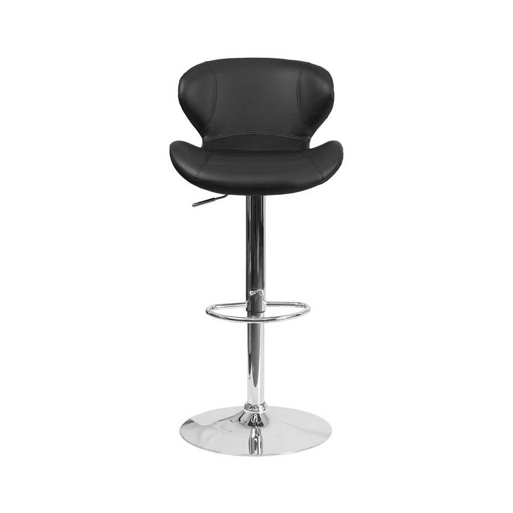 Contemporary Black Vinyl Adjustable Height Barstool with Curved Back and Chrome Base