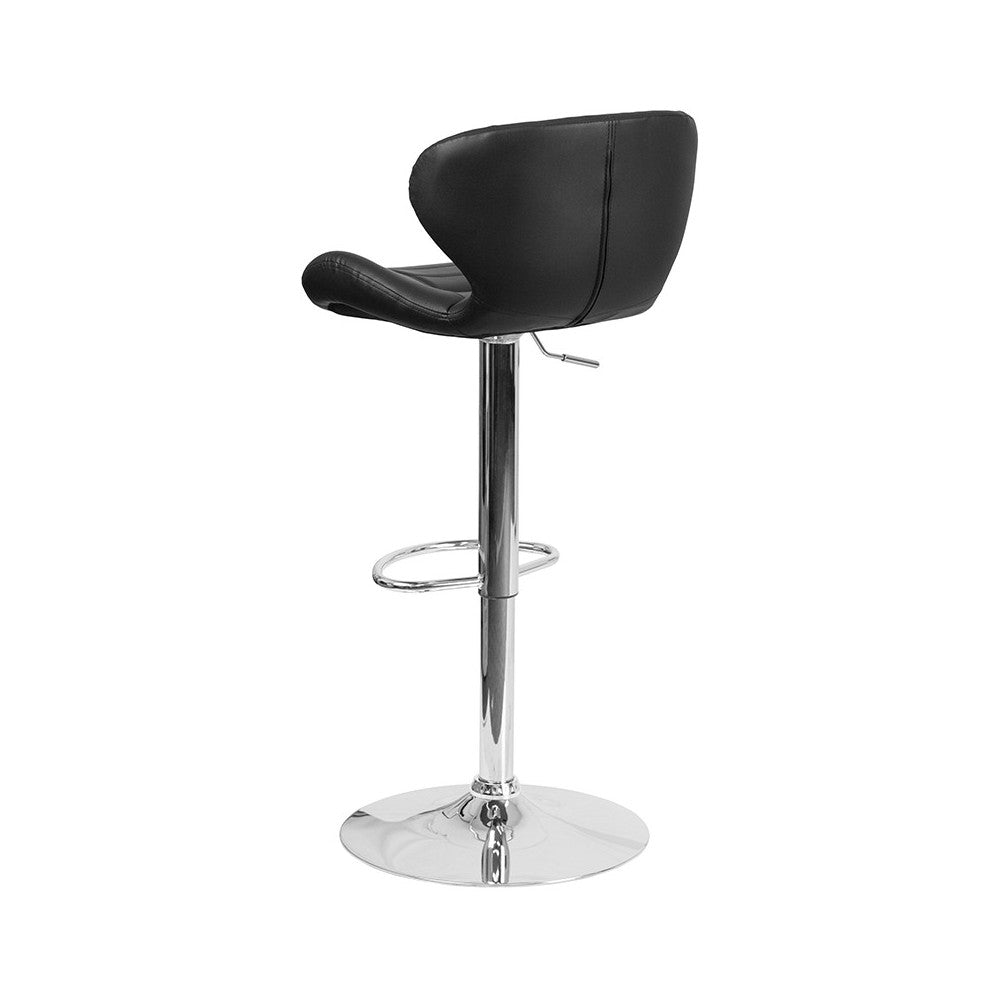 Contemporary Black Vinyl Adjustable Height Barstool with Curved Back and Chrome Base