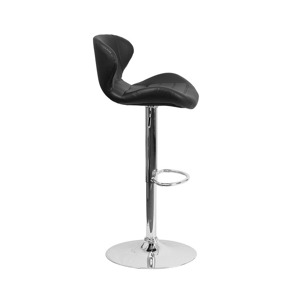 Contemporary Black Vinyl Adjustable Height Barstool with Curved Back and Chrome Base