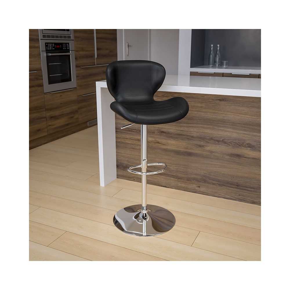 Contemporary Black Vinyl Adjustable Height Barstool with Curved Back and Chrome Base