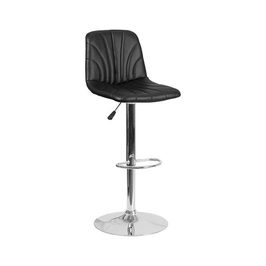 Contemporary Black Vinyl Adjustable Height Barstool with Embellished Stitch Design and Chrome Base