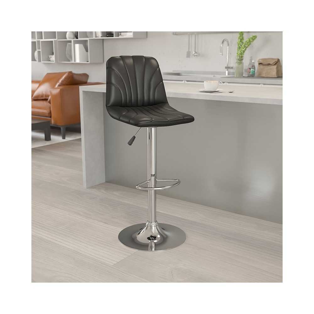 Contemporary Black Vinyl Adjustable Height Barstool with Embellished Stitch Design and Chrome Base