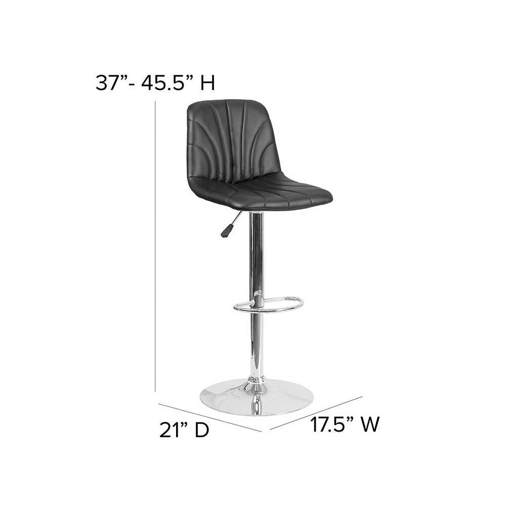 Contemporary Black Vinyl Adjustable Height Barstool with Embellished Stitch Design and Chrome Base