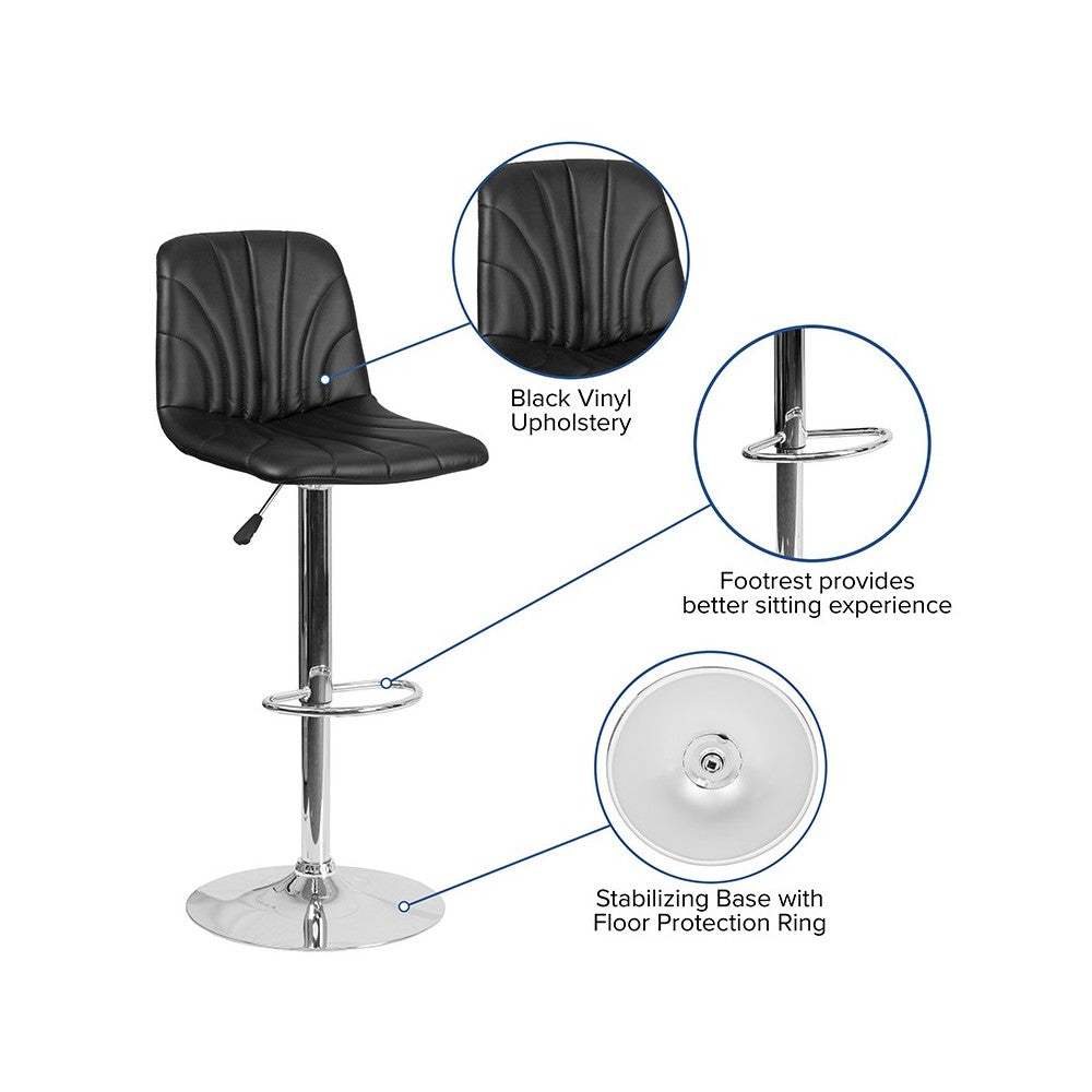 Contemporary Black Vinyl Adjustable Height Barstool with Embellished Stitch Design and Chrome Base