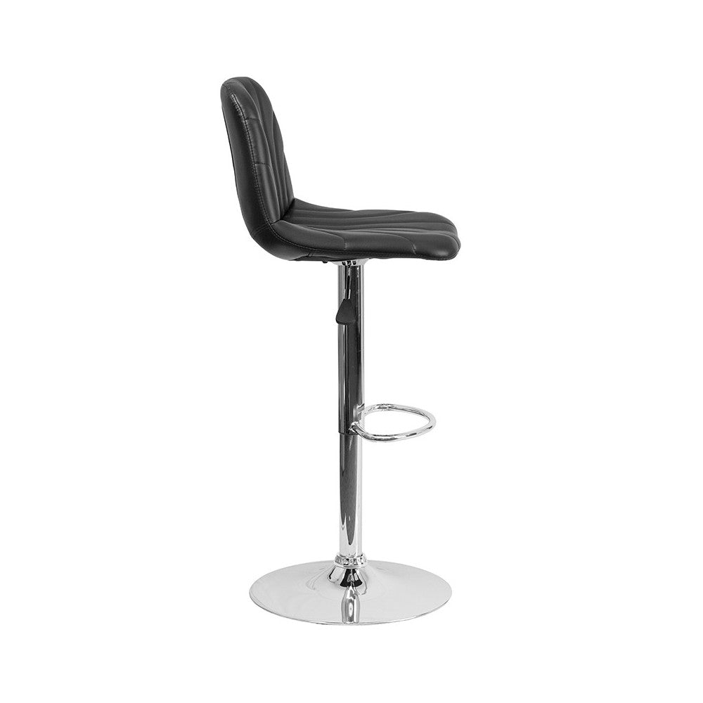 Contemporary Black Vinyl Adjustable Height Barstool with Embellished Stitch Design and Chrome Base