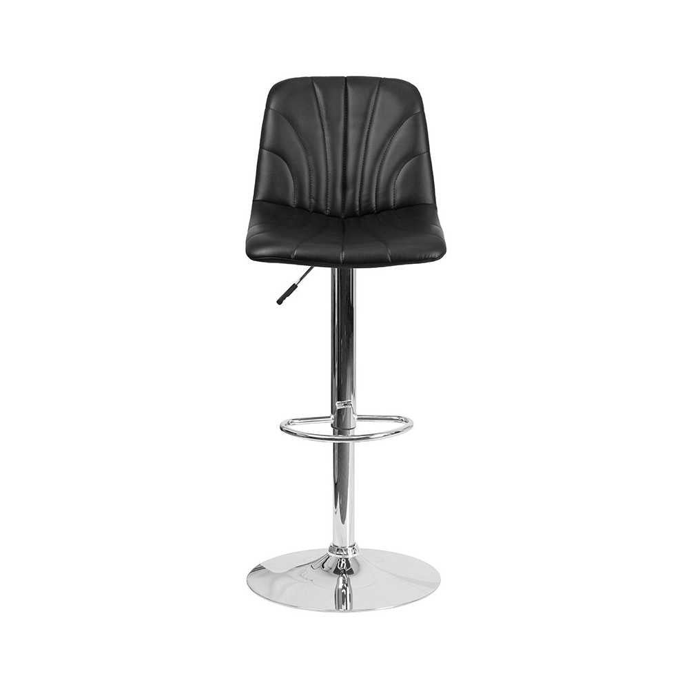 Contemporary Black Vinyl Adjustable Height Barstool with Embellished Stitch Design and Chrome Base