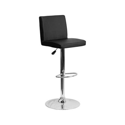 Contemporary Black Vinyl Adjustable Height Barstool with Panel Back and Chrome Base