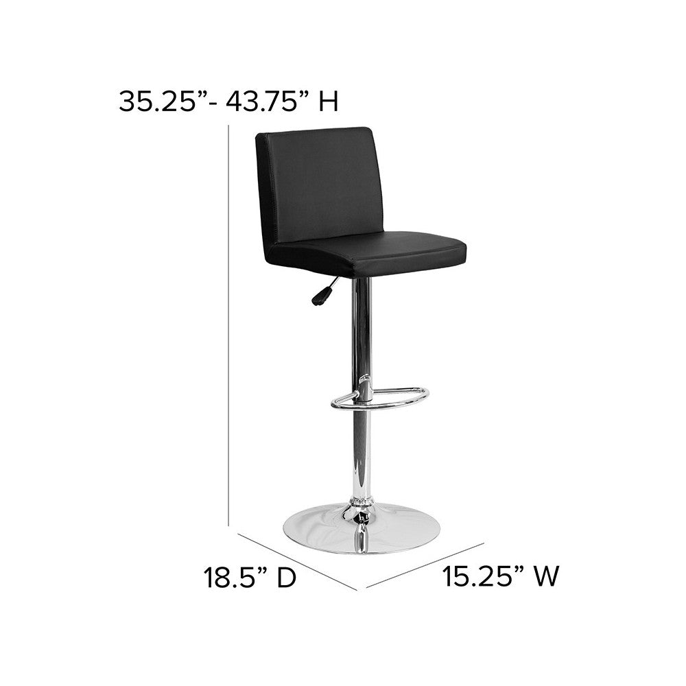 Contemporary Black Vinyl Adjustable Height Barstool with Panel Back and Chrome Base