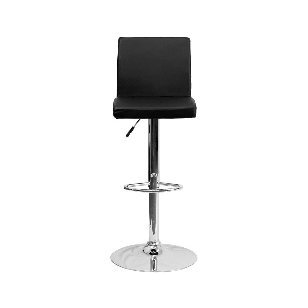 Contemporary Black Vinyl Adjustable Height Barstool with Panel Back and Chrome Base