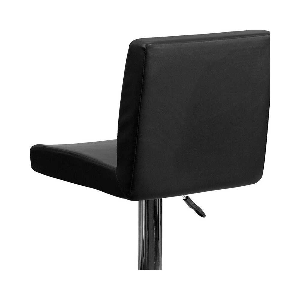 Contemporary Black Vinyl Adjustable Height Barstool with Panel Back and Chrome Base