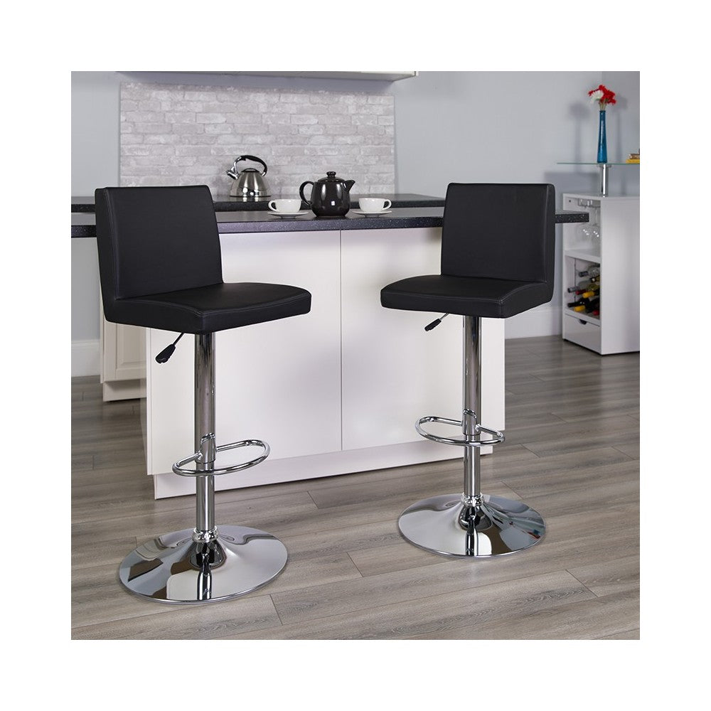 Contemporary Black Vinyl Adjustable Height Barstool with Panel Back and Chrome Base